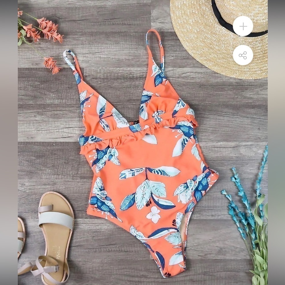 MINKPINK Orange Enchanted Forest Frill Floral One-Piece Swimsuit Size Small - Picture 5 of 16